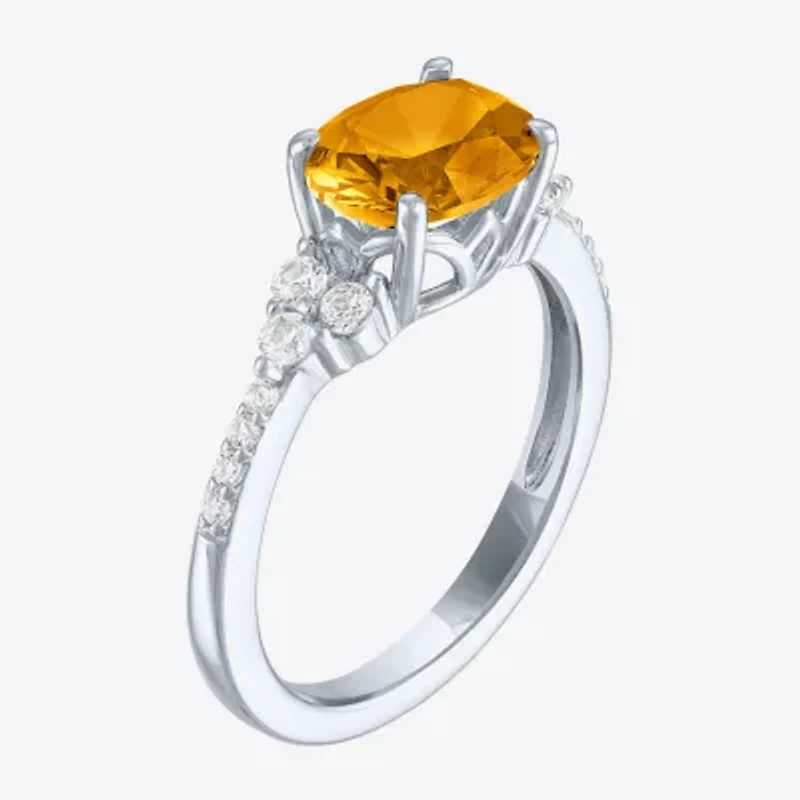 Womens Genuine Yellow Citrine Sterling Silver Oval Side Stone Cocktail Ring