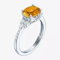 Womens Genuine Yellow Citrine Sterling Silver Oval Side Stone Cocktail Ring