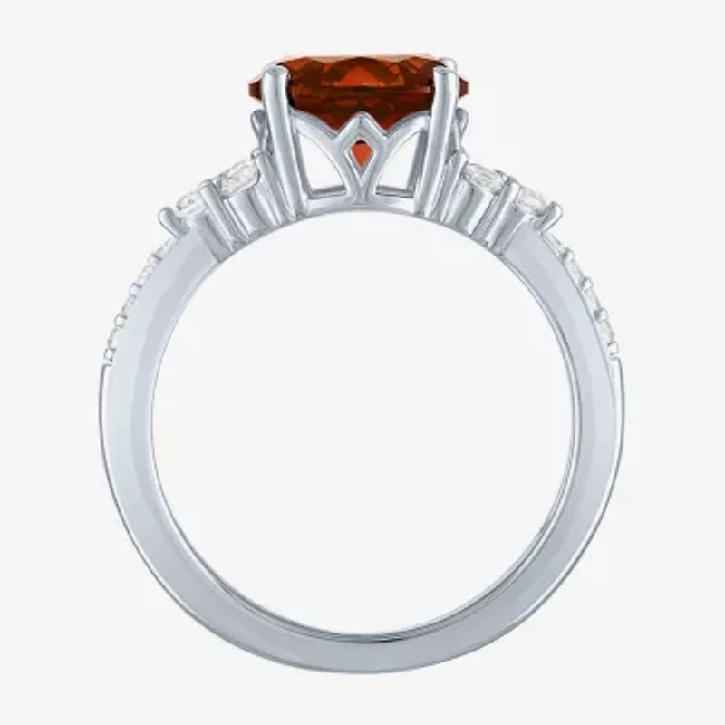 Womens Genuine Red Garnet Sterling Silver Oval Side Stone Cocktail Ring