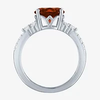 Womens Genuine Red Garnet Sterling Silver Oval Side Stone Cocktail Ring