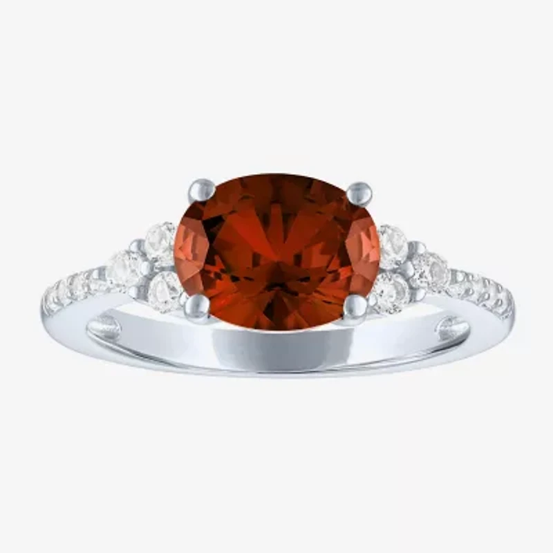 Womens Genuine Red Garnet Sterling Silver Oval Side Stone Cocktail Ring