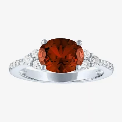 Womens Genuine Red Garnet Sterling Silver Oval Side Stone Cocktail Ring