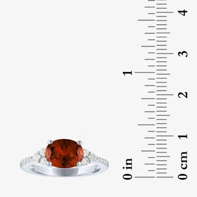 Womens Genuine Red Garnet Sterling Silver Oval Side Stone Cocktail Ring