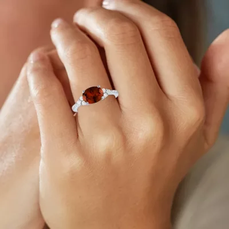 Womens Genuine Red Garnet Sterling Silver Oval Side Stone Cocktail Ring