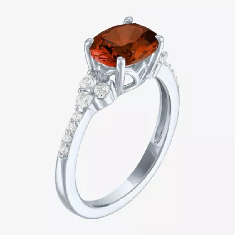 Womens Genuine Red Garnet Sterling Silver Oval Side Stone Cocktail Ring