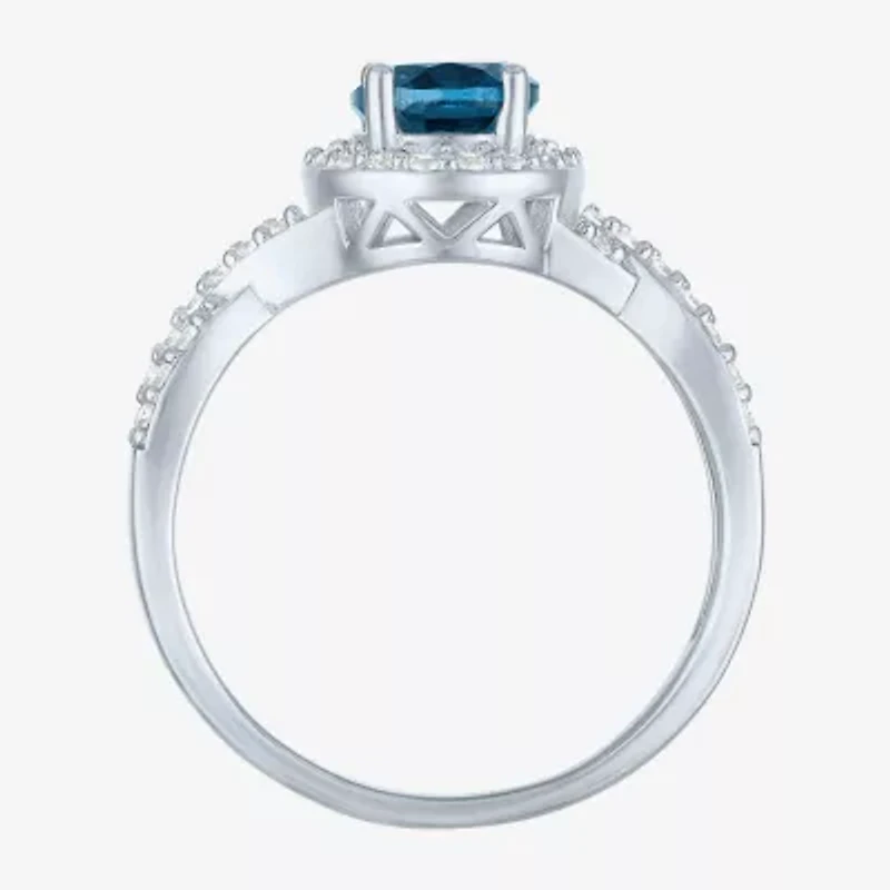 Yes, Please! Womens Genuine Blue Topaz Sterling Silver Halo Side Stone Cocktail Ring