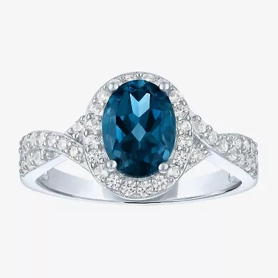 Yes, Please! Womens Genuine Blue Topaz Sterling Silver Halo Side Stone Cocktail Ring