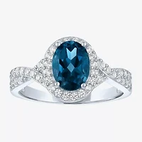 Yes, Please! Womens Genuine Blue Topaz Sterling Silver Halo Side Stone Cocktail Ring