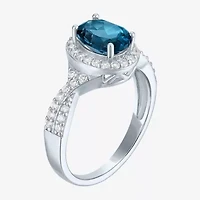 Yes, Please! Womens Genuine Blue Topaz Sterling Silver Halo Side Stone Cocktail Ring