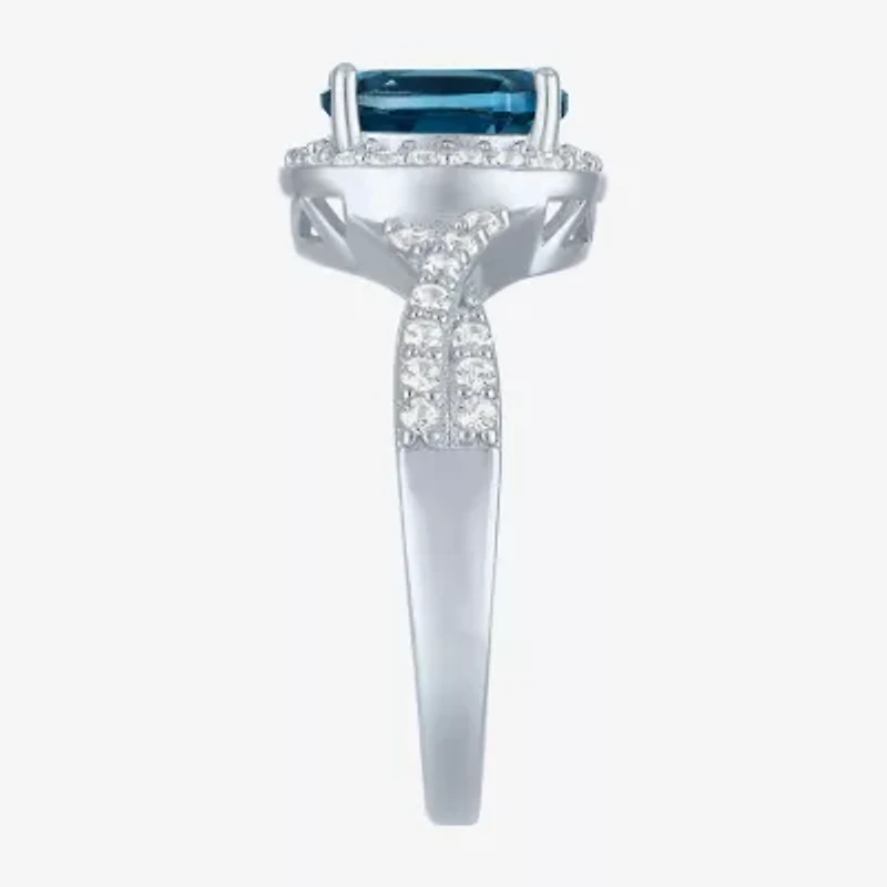 Yes, Please! Womens Genuine Blue Topaz Sterling Silver Halo Side Stone Cocktail Ring