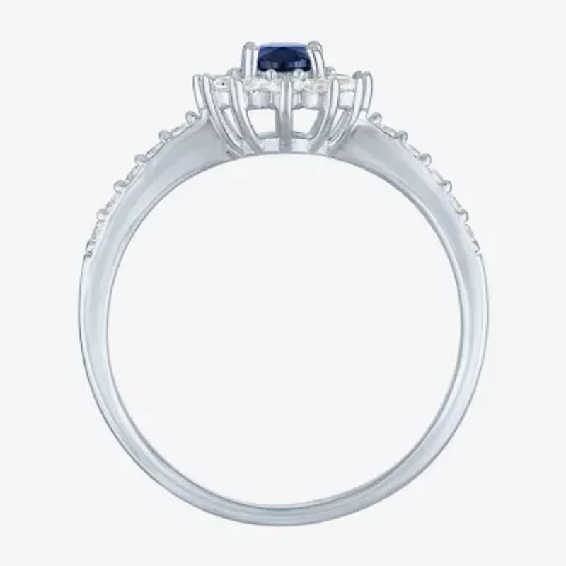 Yes, Please! Womens Lab Created Blue Sapphire Sterling Silver Halo Side Stone Cocktail Ring