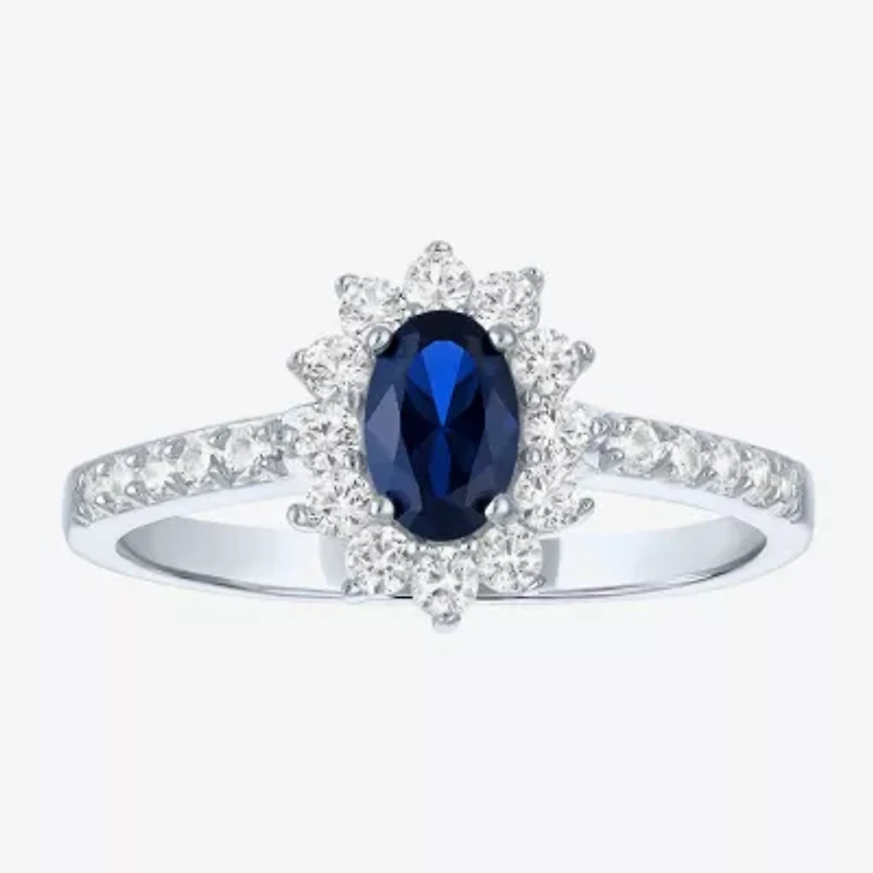 Yes, Please! Womens Lab Created Blue Sapphire Sterling Silver Halo Side Stone Cocktail Ring