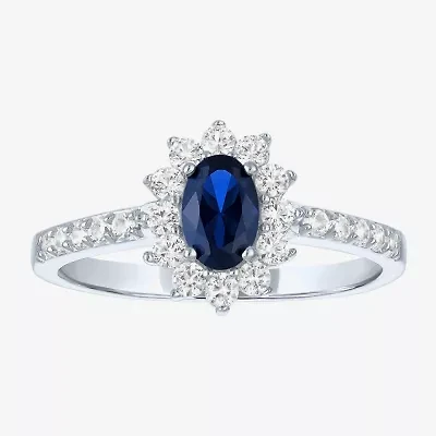 Yes, Please! Womens Lab Created Blue Sapphire Sterling Silver Halo Side Stone Cocktail Ring
