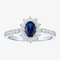 Yes, Please! Womens Lab Created Blue Sapphire Sterling Silver Halo Side Stone Cocktail Ring