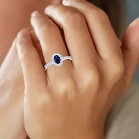 Yes, Please! Womens Lab Created Blue Sapphire Sterling Silver Halo Side Stone Cocktail Ring