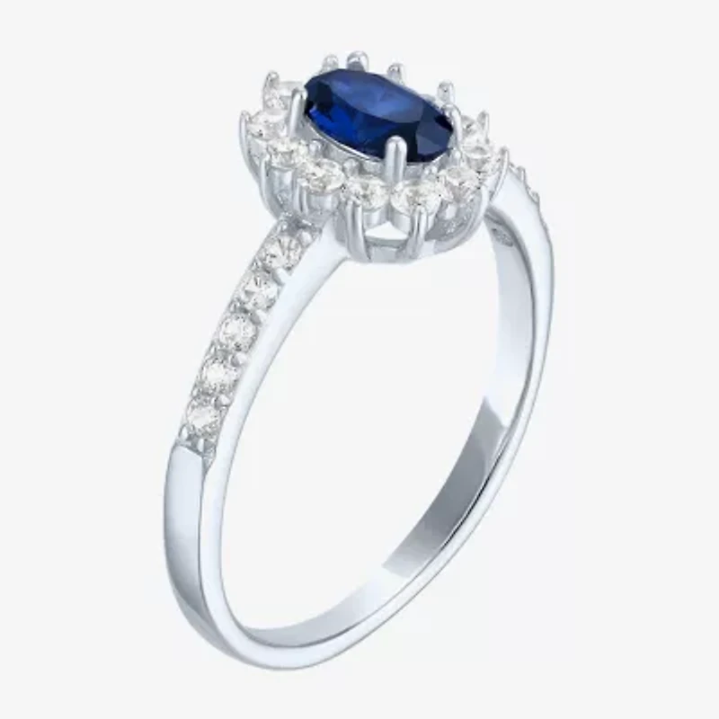 Yes, Please! Womens Lab Created Blue Sapphire Sterling Silver Halo Side Stone Cocktail Ring