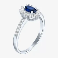 Yes, Please! Womens Lab Created Blue Sapphire Sterling Silver Halo Side Stone Cocktail Ring