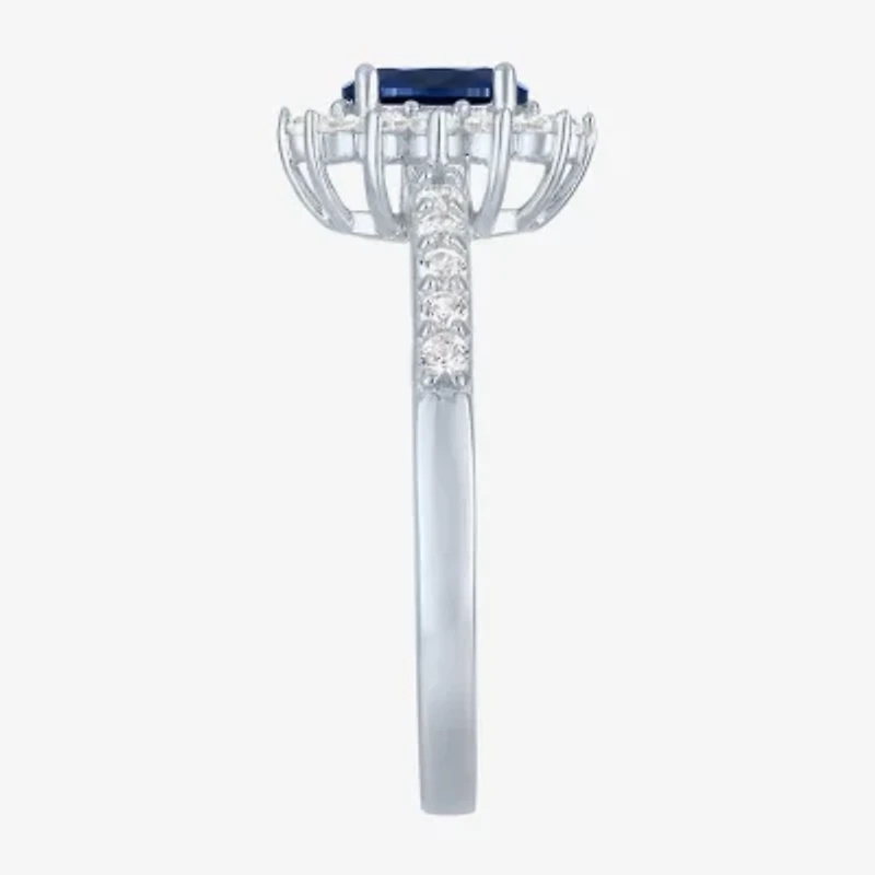 Yes, Please! Womens Lab Created Blue Sapphire Sterling Silver Halo Side Stone Cocktail Ring