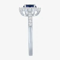 Yes, Please! Womens Lab Created Blue Sapphire Sterling Silver Halo Side Stone Cocktail Ring