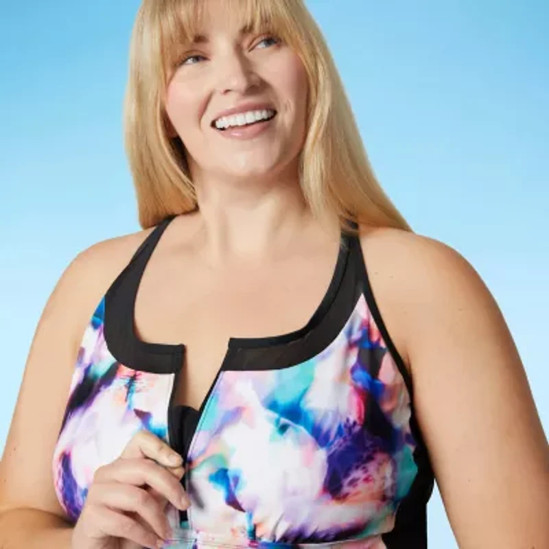 Free Country Womens Stretch Fabric Floral Plus Tankini Swimsuit Top