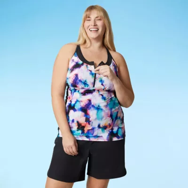 Free Country Womens Stretch Fabric Floral Plus Tankini Swimsuit Top