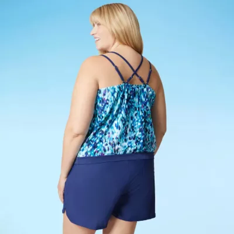 Free Country Womens Adjustable Straps Built Bra Abstract Plus Blouson Swimsuit Top