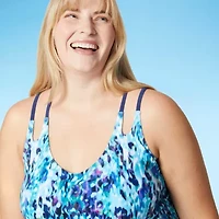 Free Country Womens Adjustable Straps Built Bra Abstract Plus Blouson Swimsuit Top