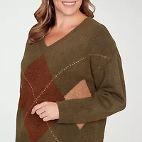 Hearts Of Palm Plus Womens V Neck Long Sleeve Argyle Pullover Sweater