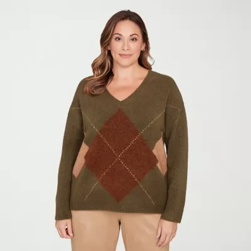 Hearts Of Palm Plus Womens V Neck Long Sleeve Argyle Pullover Sweater