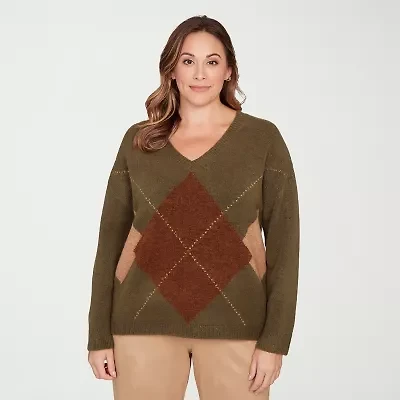 Hearts Of Palm Plus Womens V Neck Long Sleeve Argyle Pullover Sweater