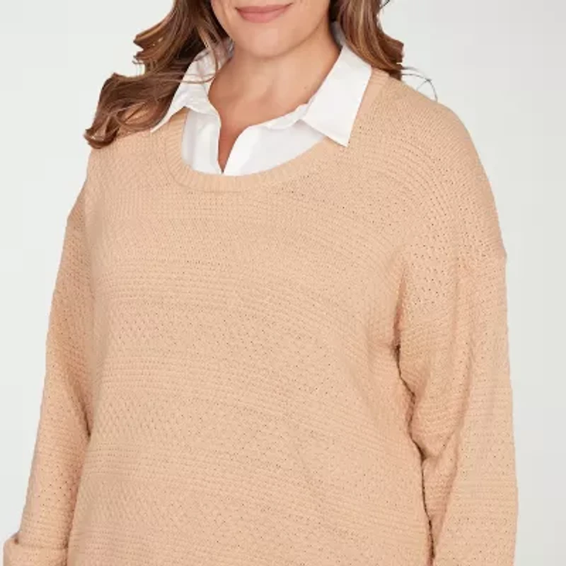 Hearts Of Palm Womens Long Sleeve Striped Layered Sweater Plus