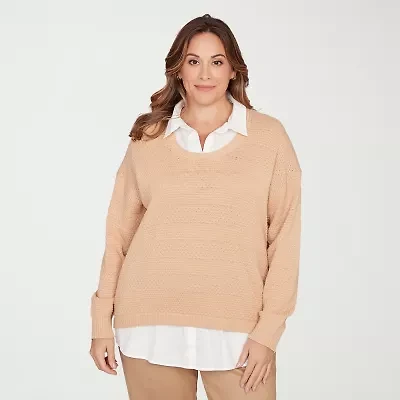 Hearts Of Palm Womens Long Sleeve Striped Layered Sweater Plus