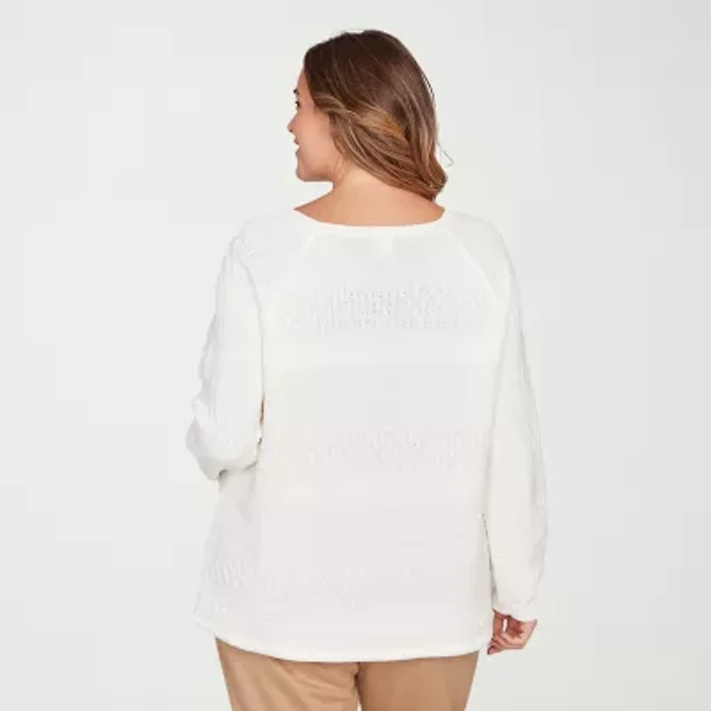 Hearts Of Palm Plus Womens Round Neck Long Sleeve Striped Pullover Sweater