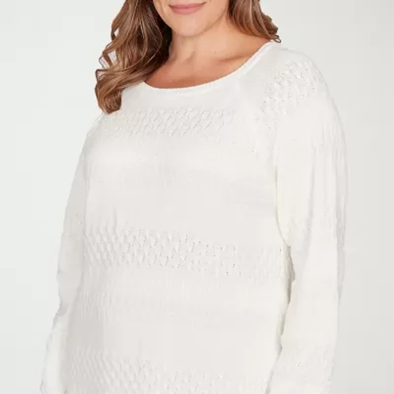 Hearts Of Palm Plus Womens Round Neck Long Sleeve Striped Pullover Sweater