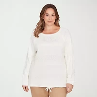 Hearts Of Palm Plus Womens Round Neck Long Sleeve Striped Pullover Sweater
