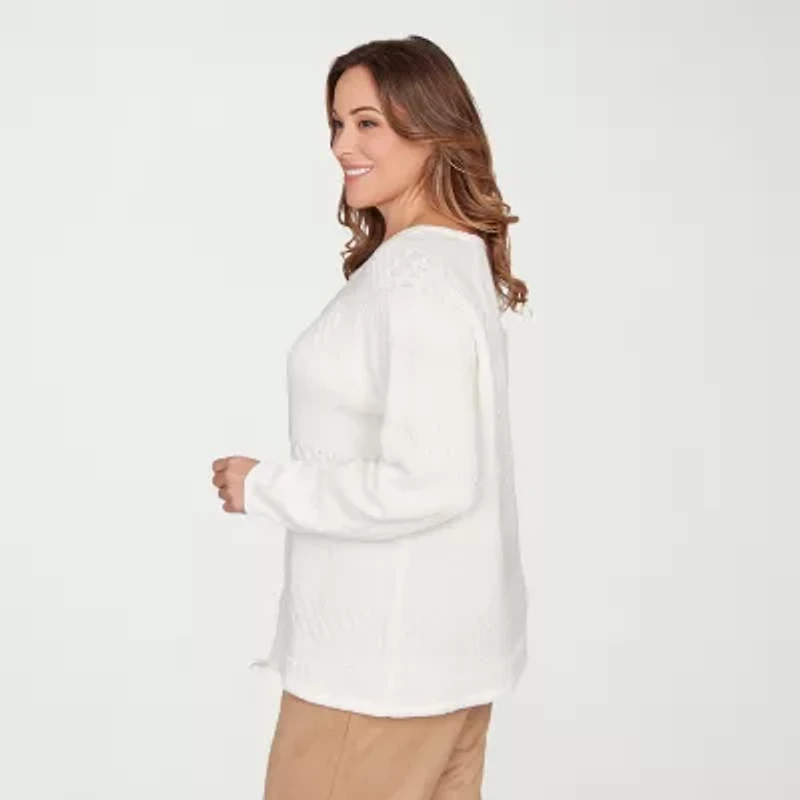 Hearts Of Palm Plus Womens Round Neck Long Sleeve Striped Pullover Sweater