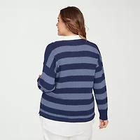 Hearts Of Palm Womens Long Sleeve Striped Layered Sweater Plus