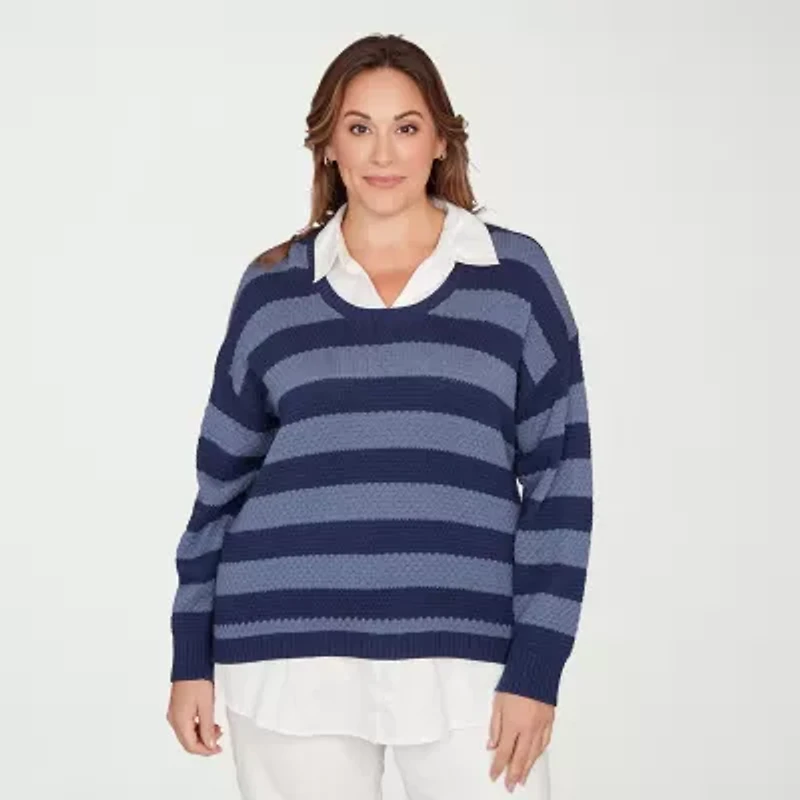 Hearts Of Palm Womens Long Sleeve Striped Layered Sweater Plus