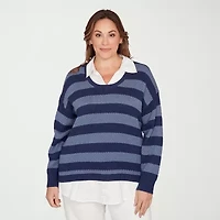 Hearts Of Palm Womens Long Sleeve Striped Layered Sweater Plus