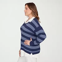 Hearts Of Palm Womens Long Sleeve Striped Layered Sweater Plus