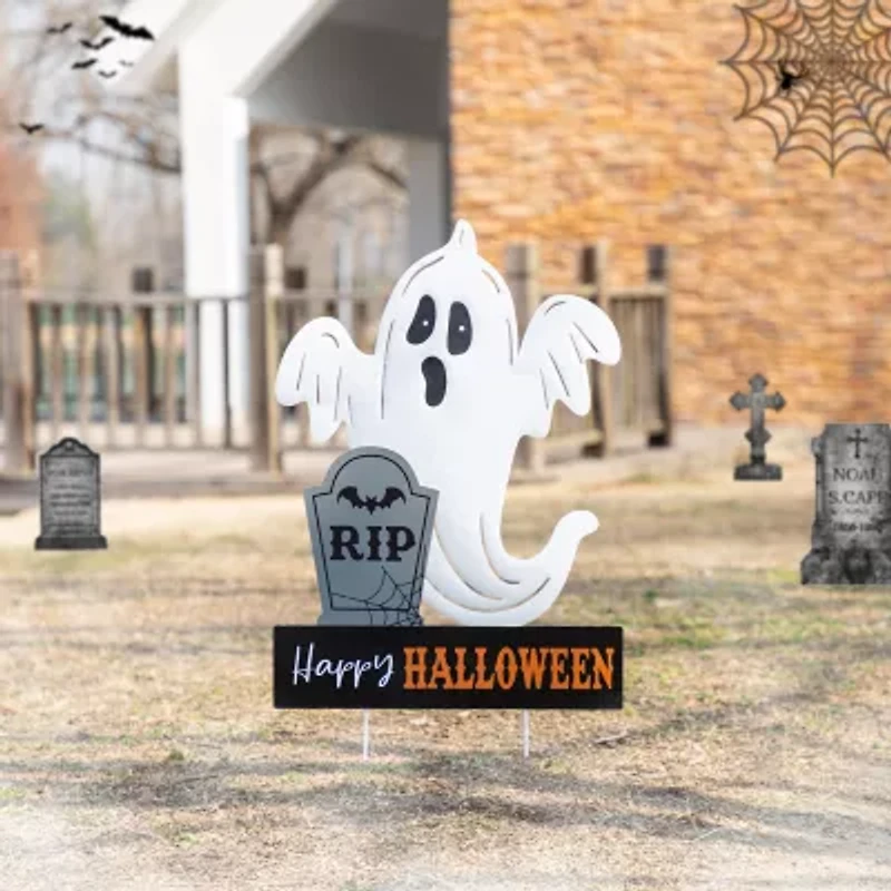 Glitzhome 33"H Lighted Halloween Metal Ghost Tombstone Halloween Yard Art