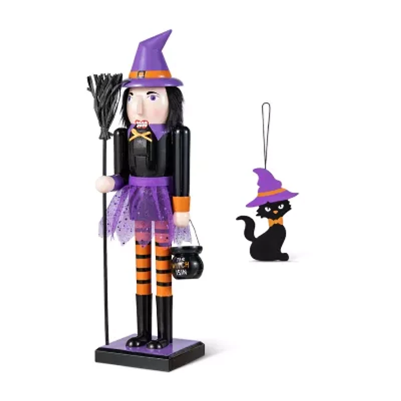 Glitzhome 19"H Halloween Wood Witch Wood Nutcracker