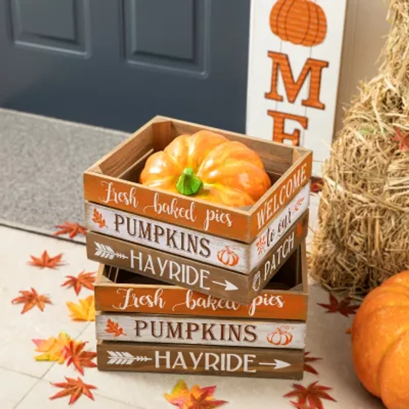 Glitzhome Set Of 2 Wooden Pumpkin Crate Decorative Box
