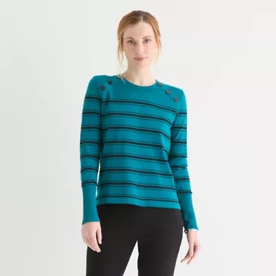 Liz Claiborne Tall Womens Crew Neck Long Sleeve Striped Pullover Sweater