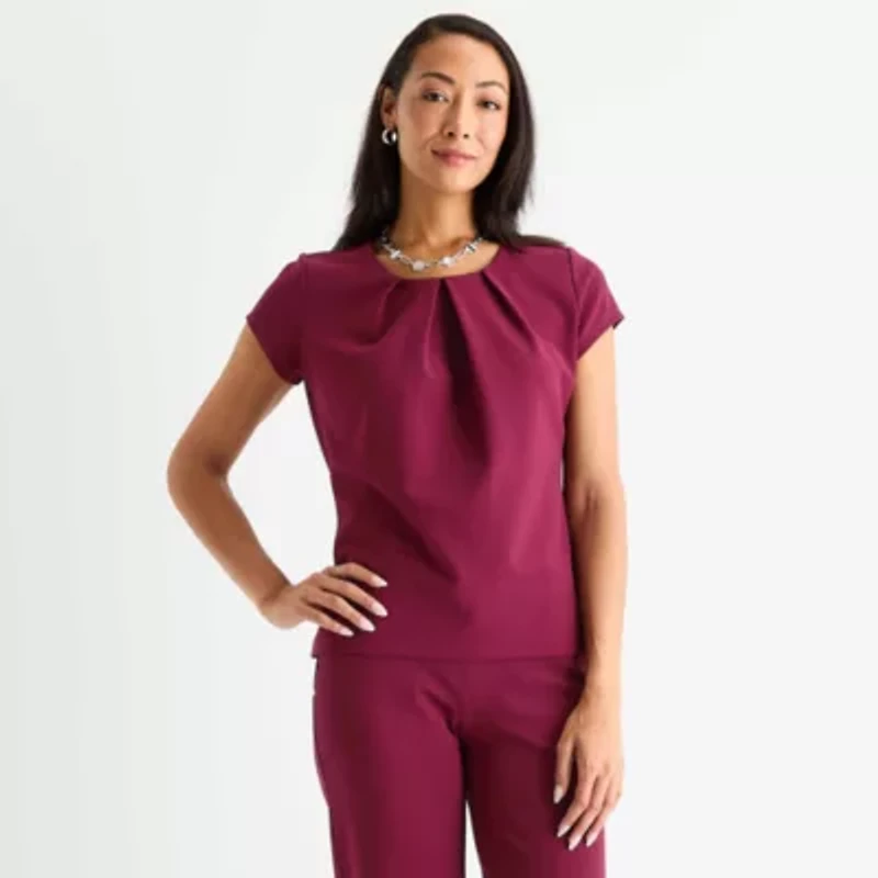 Liz Claiborne Womens Round Neck Short Sleeve Adaptive Petite Blouse