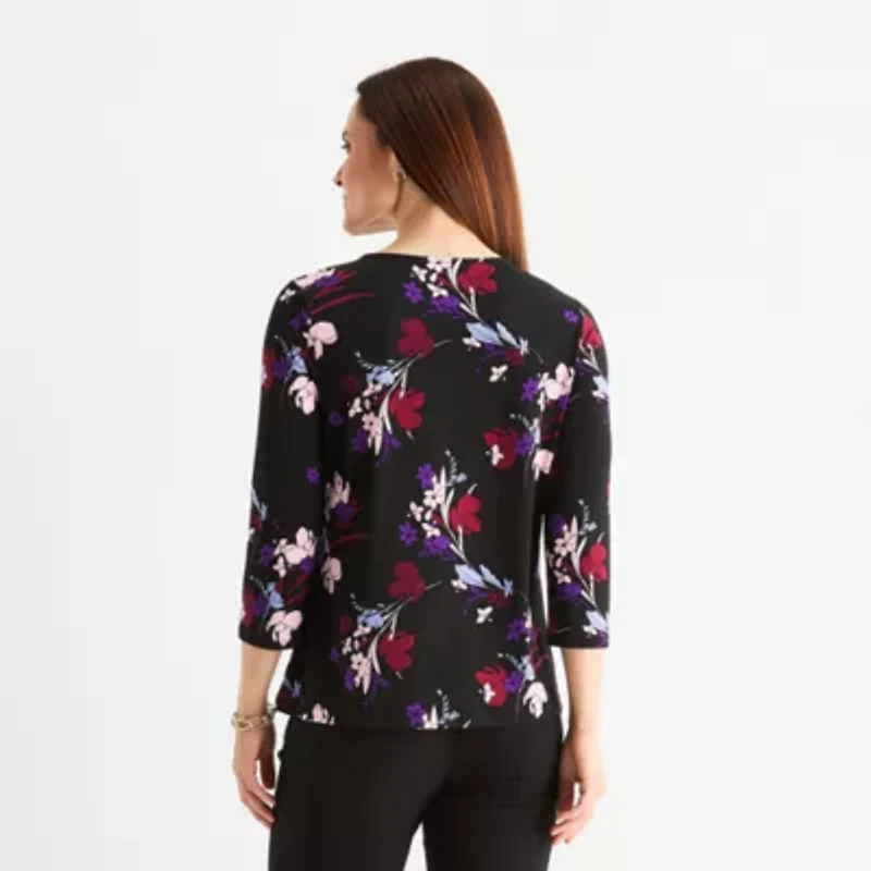 Liz Claiborne Womens Crew Neck 3/4 Sleeve Blouse