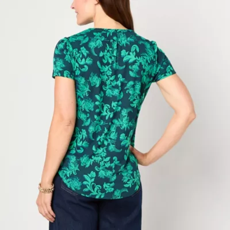 Liz Claiborne Womens Split Crew Neck Short Sleeve Petite Blouse
