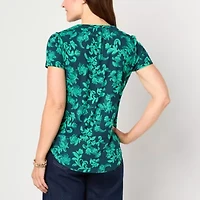 Liz Claiborne Womens Split Crew Neck Short Sleeve Petite Blouse