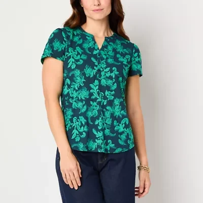 Liz Claiborne Womens Split Crew Neck Short Sleeve Petite Blouse