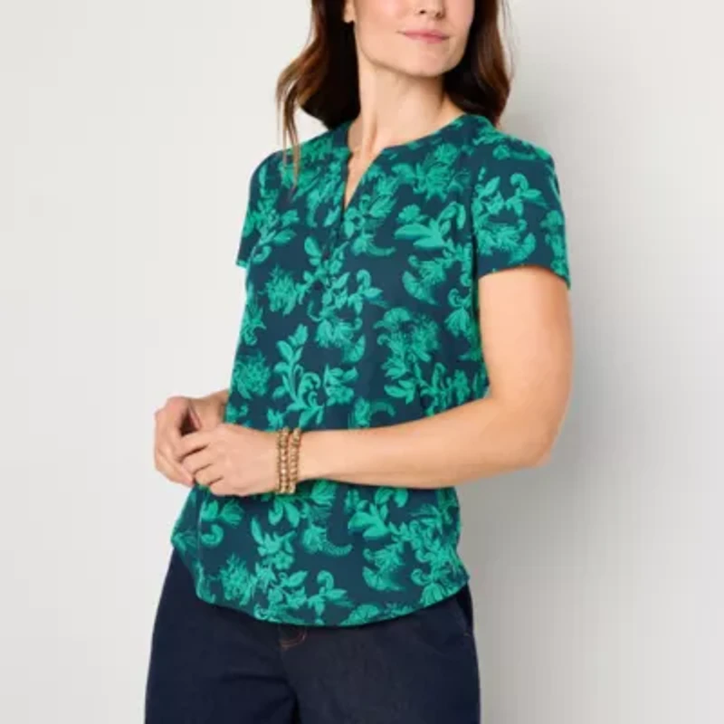 Liz Claiborne Womens Split Crew Neck Short Sleeve Petite Blouse
